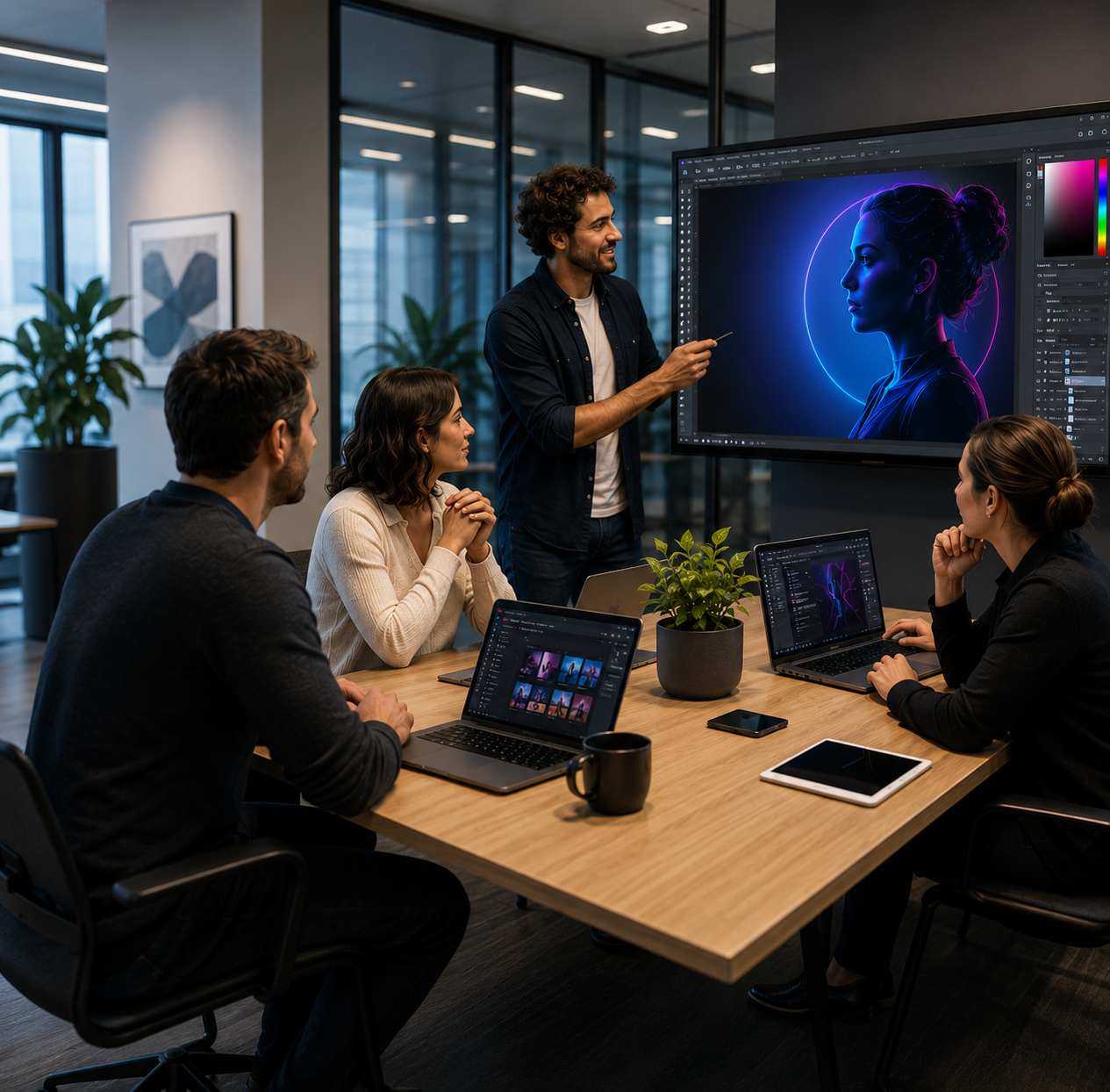 Equipe em reunião usando Microsoft 365 e Google Workspace