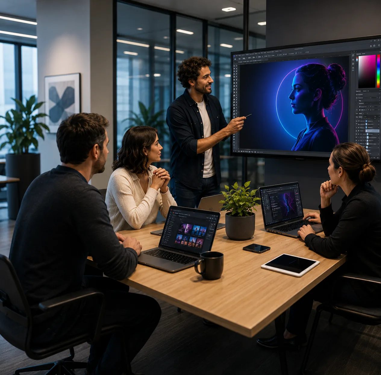 Equipe em reunião usando Microsoft 365 e Google Workspace